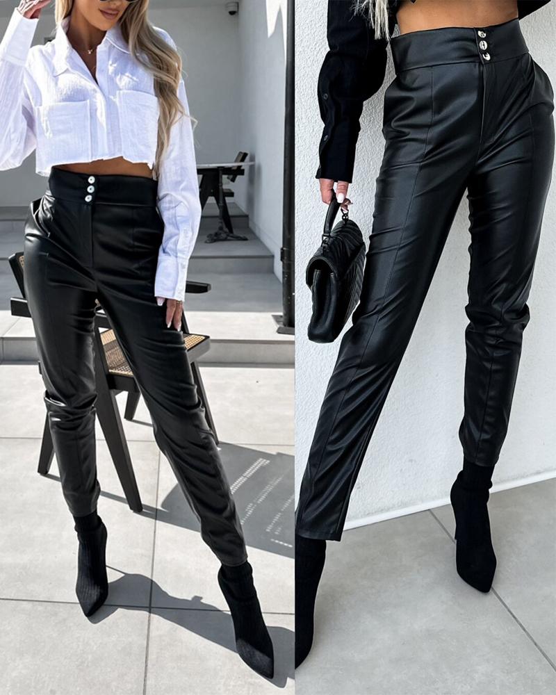 

High Waist PU Leather Skinny Pants, Black