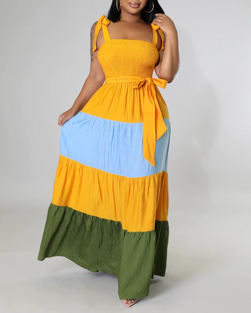 

Colorblock Tied Detail Shirred Belted Maxi Dress, Yellow