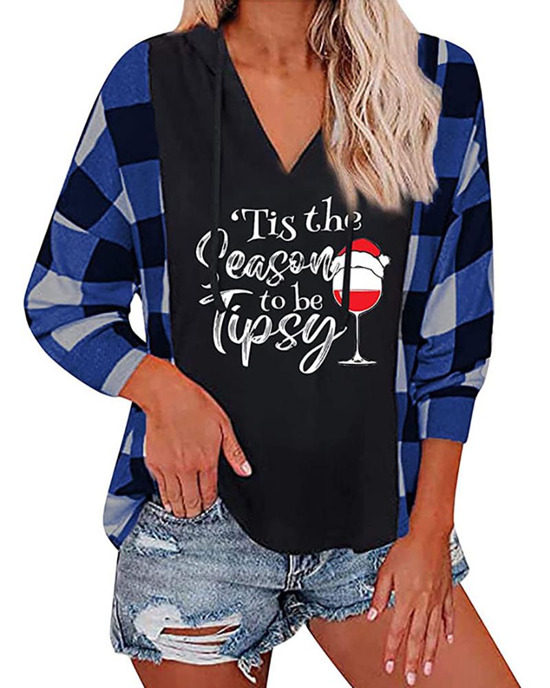 

Christmas Graphic Letter Plaid Print Hooded Top, Blue