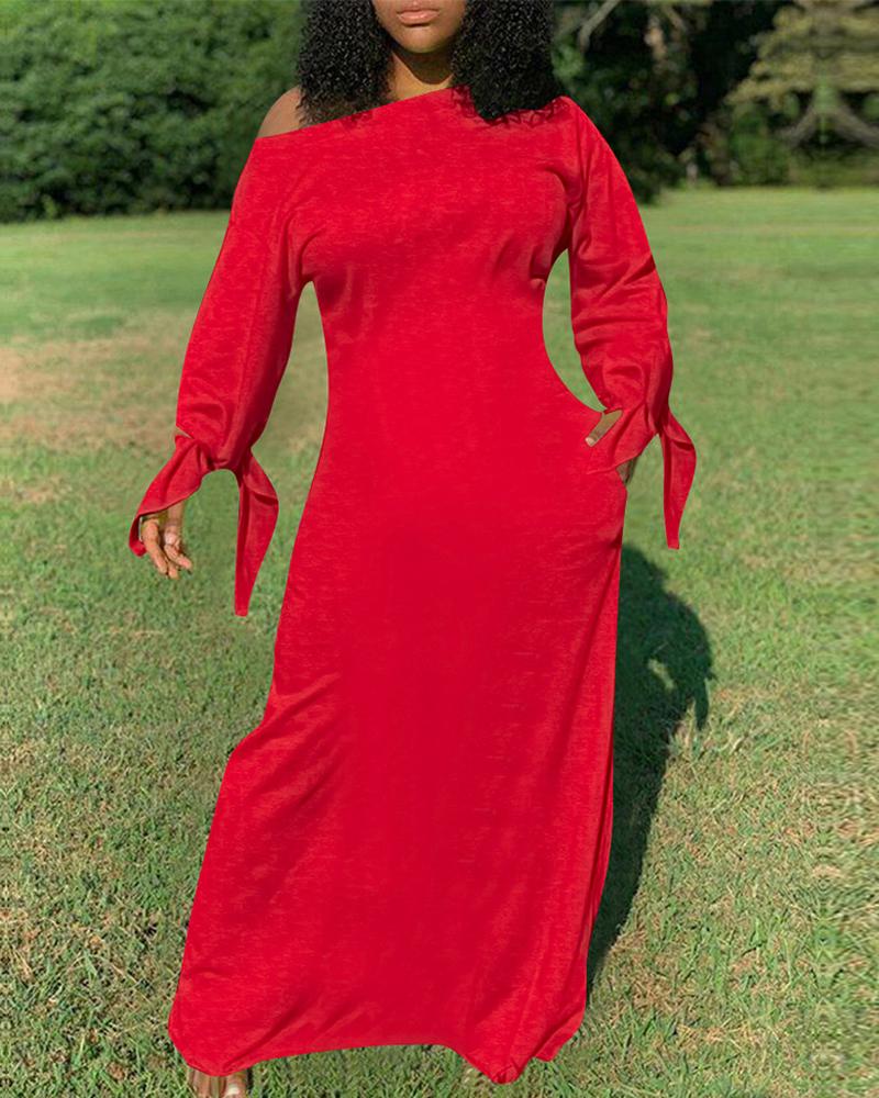 

Plain Tie Detail Pocket Design Maxi Dress, Red
