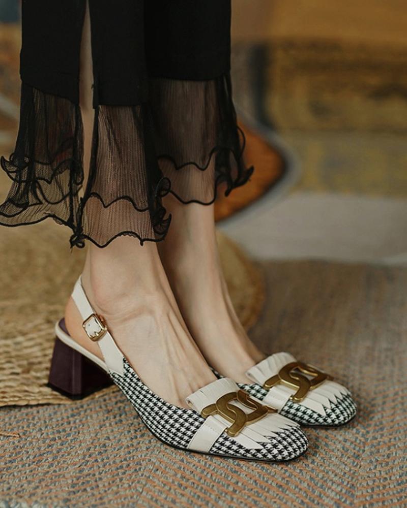 

Square Toe Houndstooth Print Tassel Buckle Heels, White