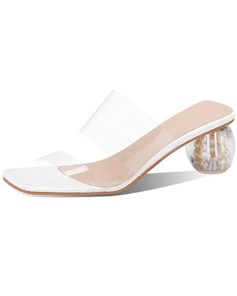 

Double Clear Strap Square Toe Pearls Decor Heels, White