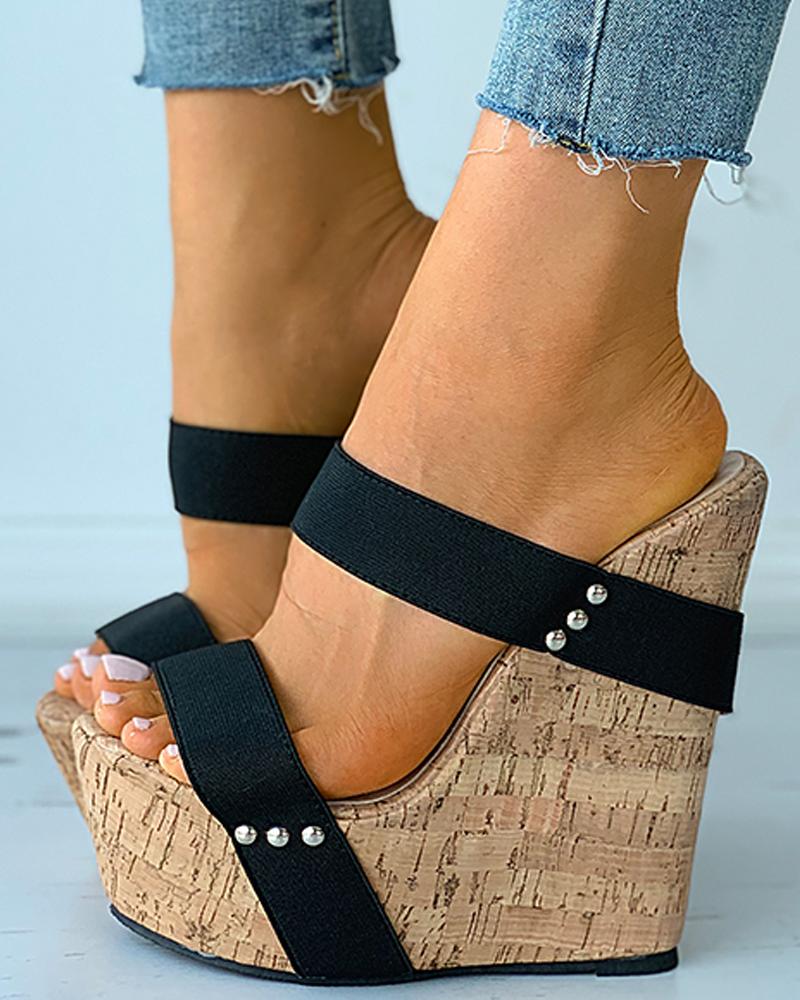 

Double Strap Peep Toe Cork Wedge Sandals, Black