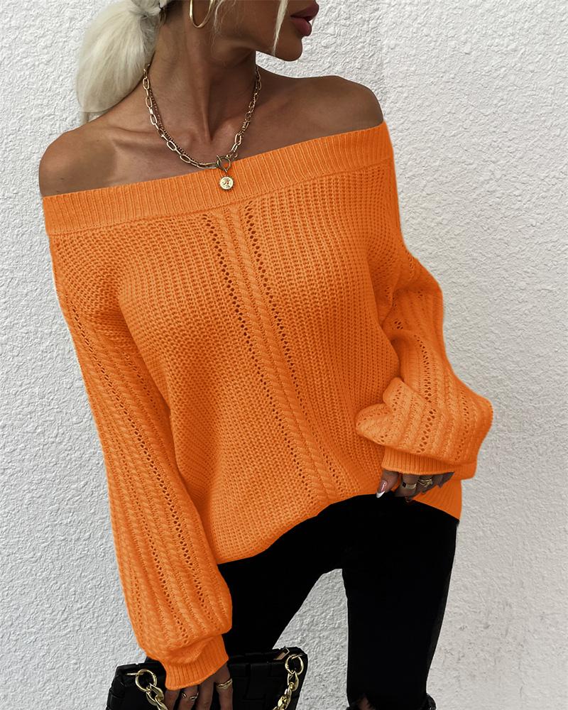 

Off Shoulder Lantern Sleeve Hollow Out Sweater, Orange