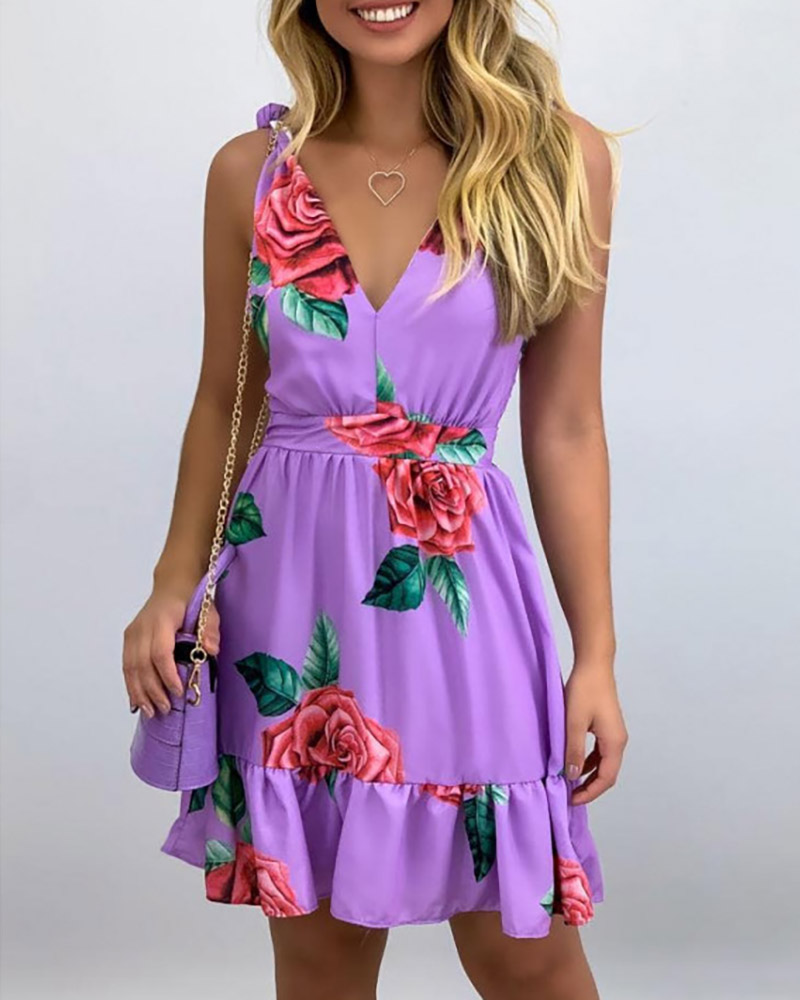 

Floral Print Sleeveless Dress, Purple