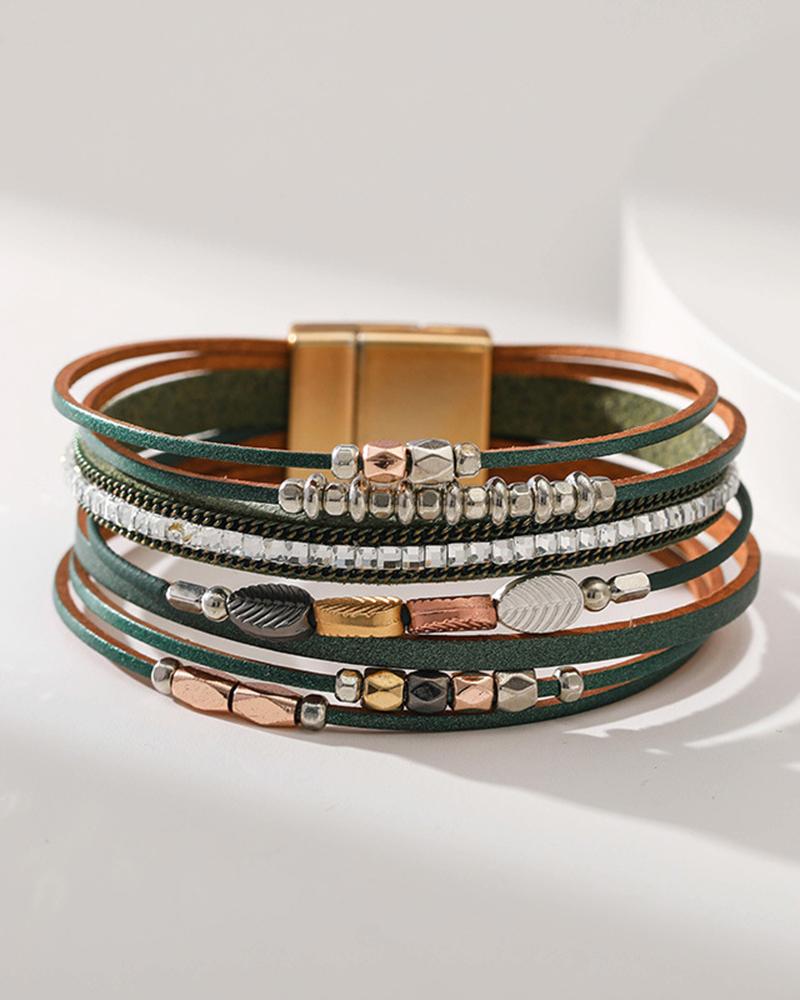 

1pc Beaded Multi-layer Bohemian Wide Magnetic Bracelet, Green