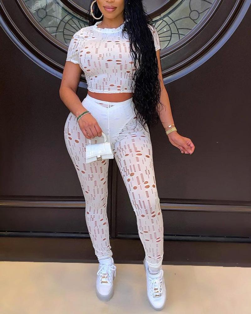 

Cutout Short Sleeve Top & High Waist Pants Set, White