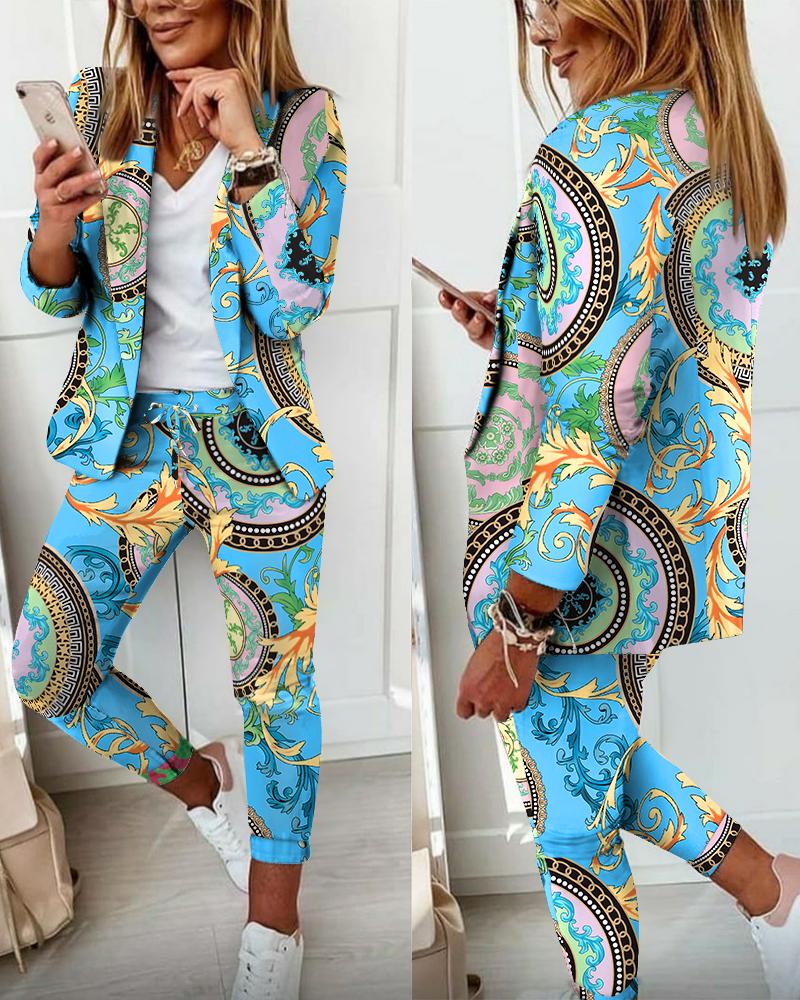 

Baroque Print Long Sleeve Blazer & Pants Set, Blue