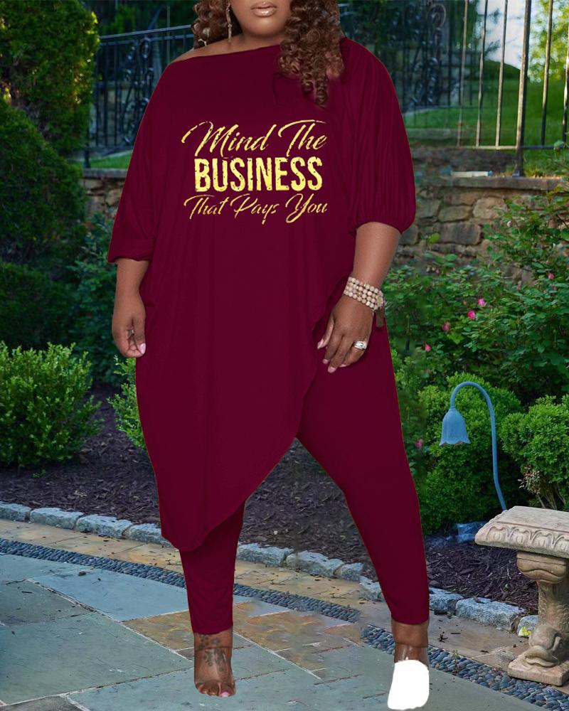 

Plus Size Letter Print Asymmetrical Top & Pants Set, Wine red