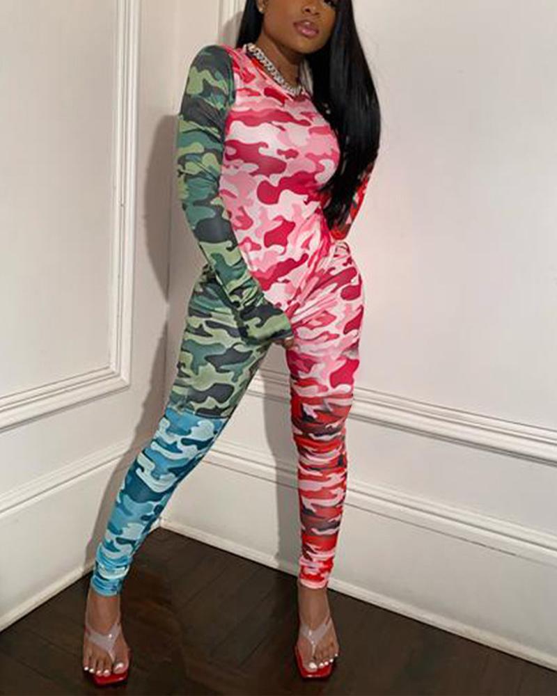 

Camouflage Print Long Sleeve Top & Pocket Pants Set, Hot pink
