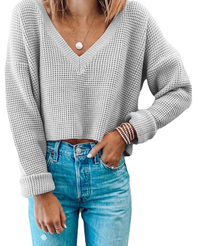 

Solid Comfy V-neck Basic Knit, Gray