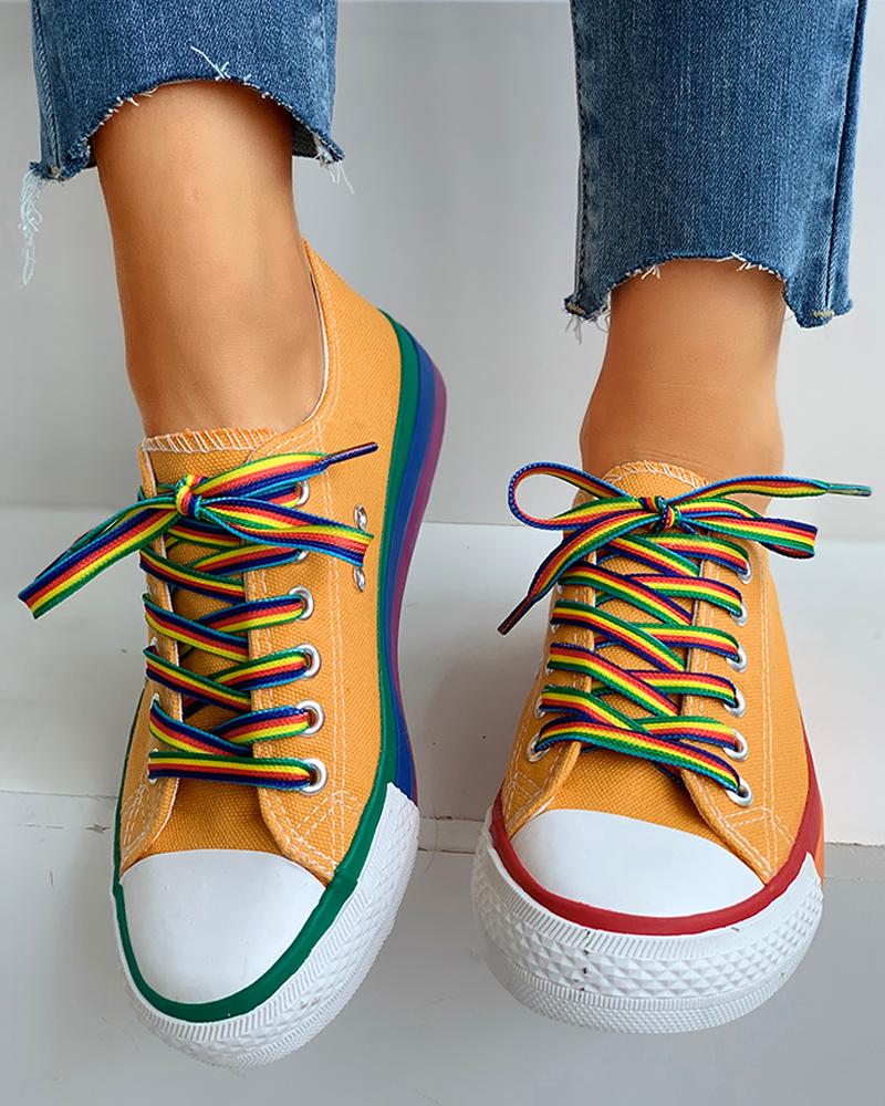

Rainbow Stripe Lace-Up Casual Sneakers, Yellow