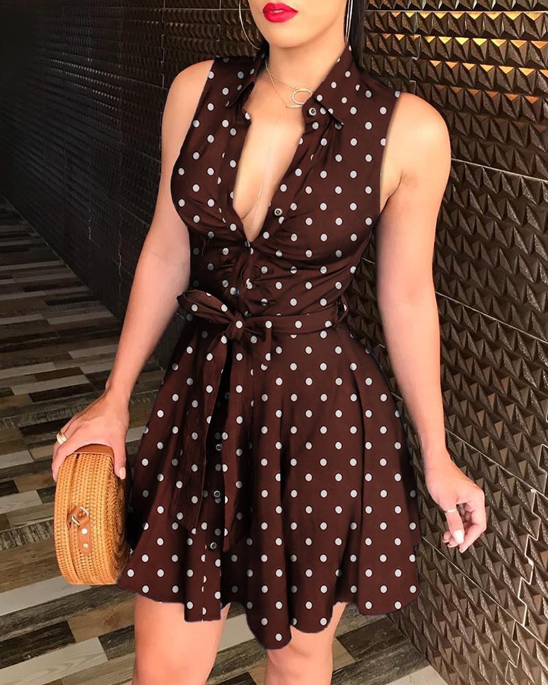 

Dots Print Tie Waist Sleeveless Shirt Dress, Brown