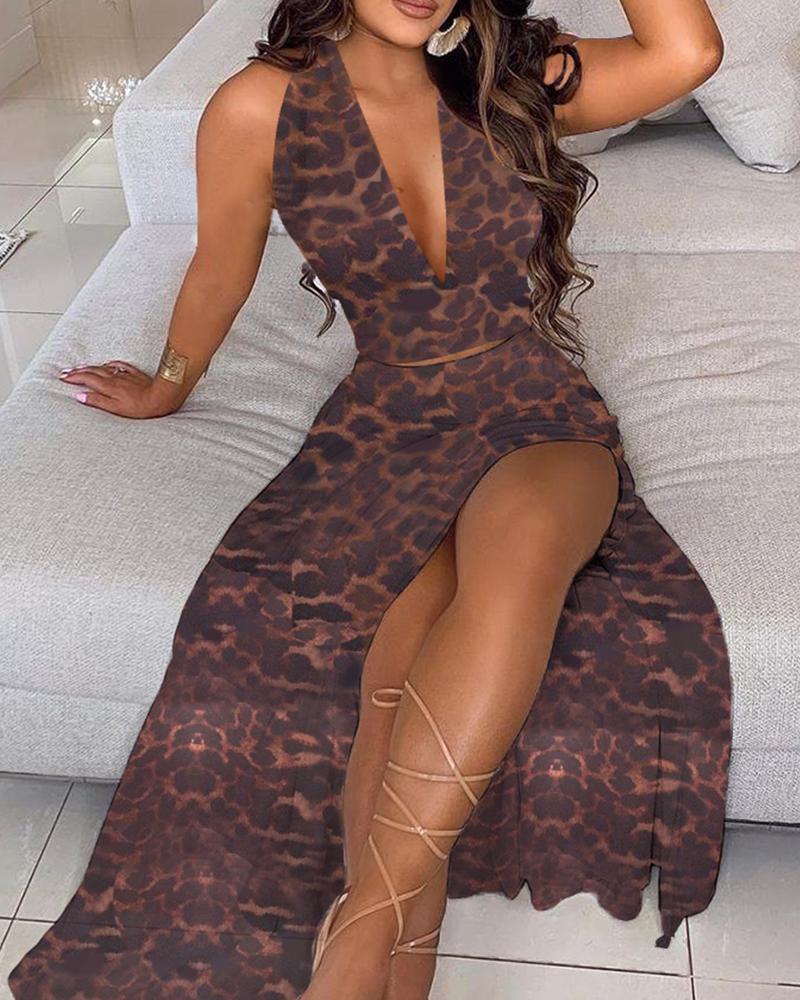 

Leopard Print Halter Sleeveless Skinny Waist Top And Slit Skirt Suit Sets