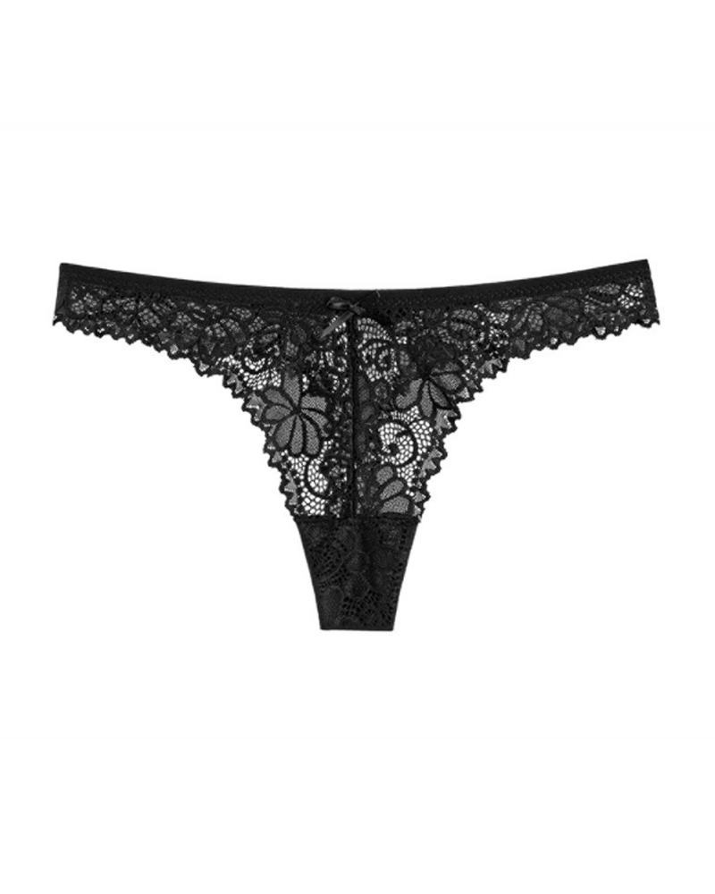 

Bowknot Decor Breathable Lace Thong Panty, Black