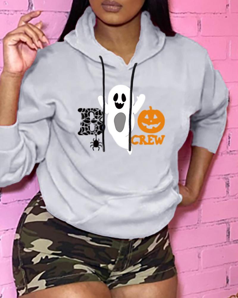 

Halloween Letter Pumpkin Print Hooded Top, Gray