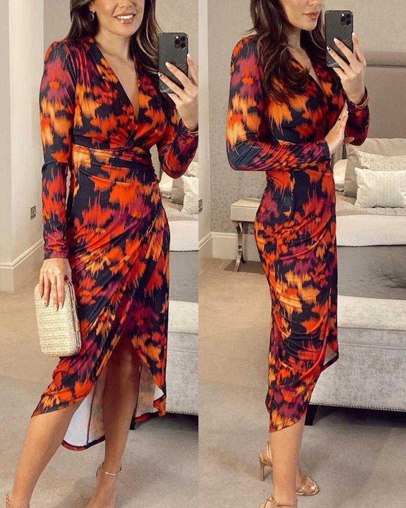 

Abstract Print Split Ruched Long Sleeve Dress, Multicolor
