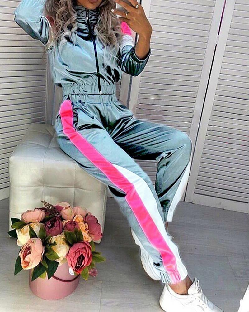 

Striped Tape Colorblock Zip Top & Pants Set, Light blue