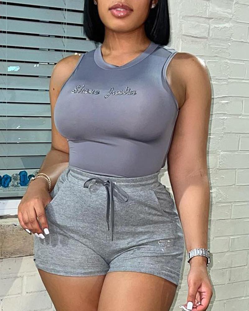 

Rhinestone Letter Pattern Tank Top & Drawstring Shorts Set, Gray
