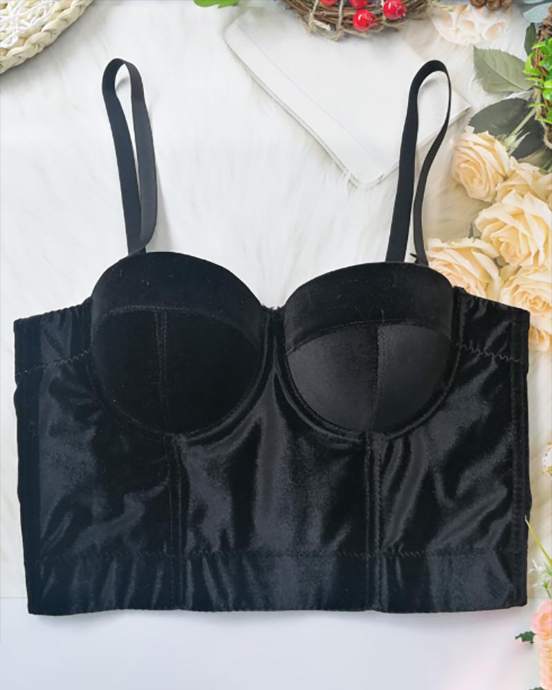 

Velvet Spaghetti Strap V Neck Corset Crop Top, Black