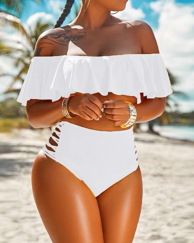 

Off Shoulder Ruffles Lace-up Cutout Bikini Set, White