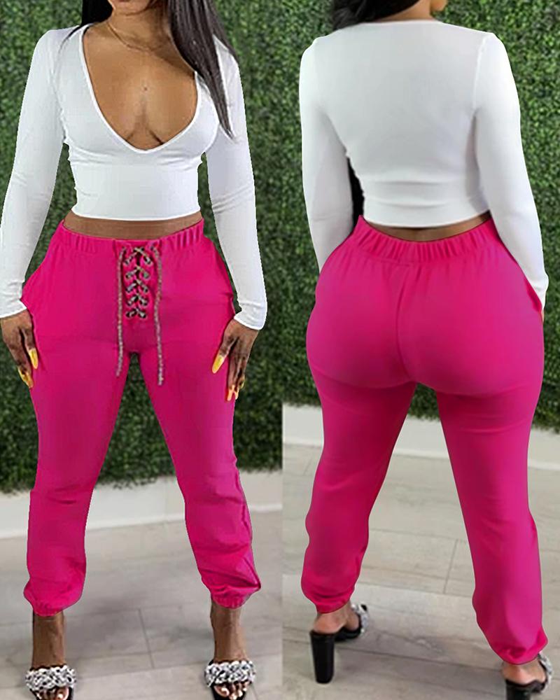 

Plunge Long Sleeve Top & Eyelet Lace-up Pants Set, Hot pink
