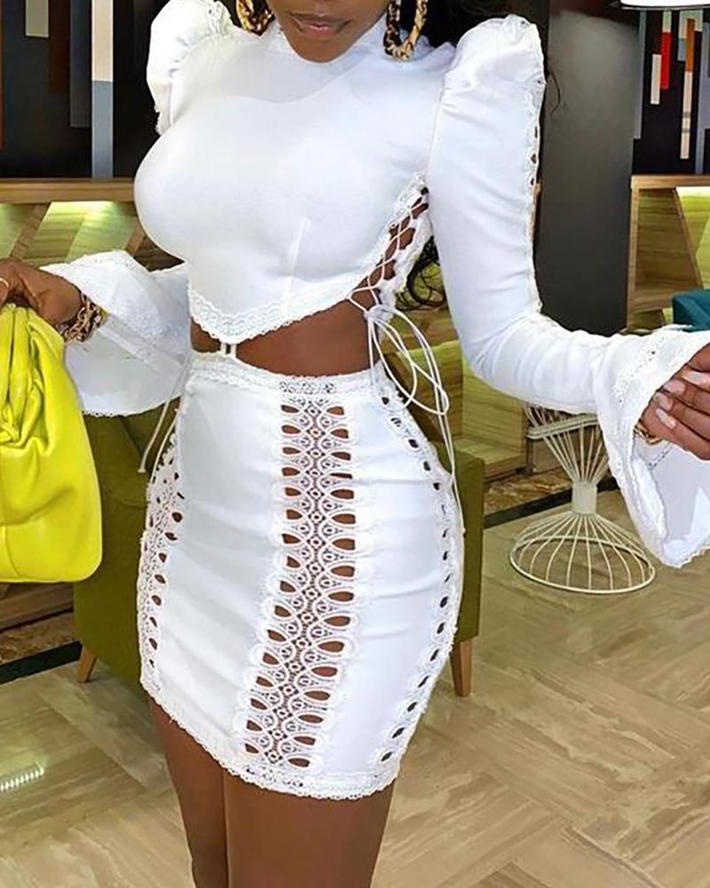 

Lace-up Puff Bell Sleeve Top & Cutout Skirt Set, White