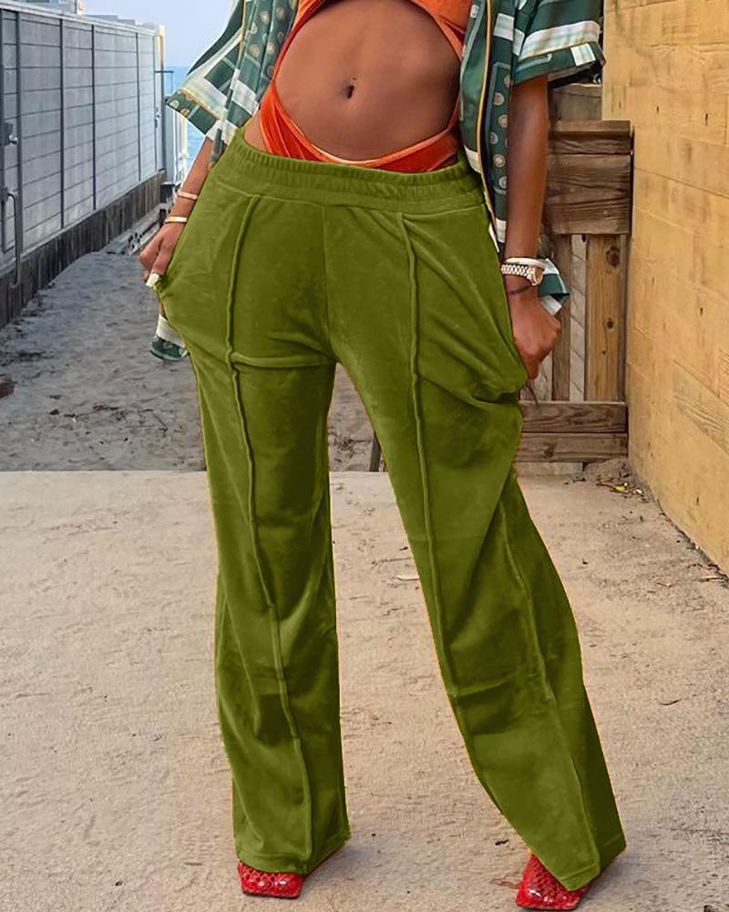 

Velvet Pocket Design High Waist Sweatpants, Green