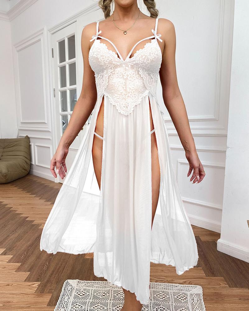

Sheer Mesh Bowknot Decor Slit Night Dress, White