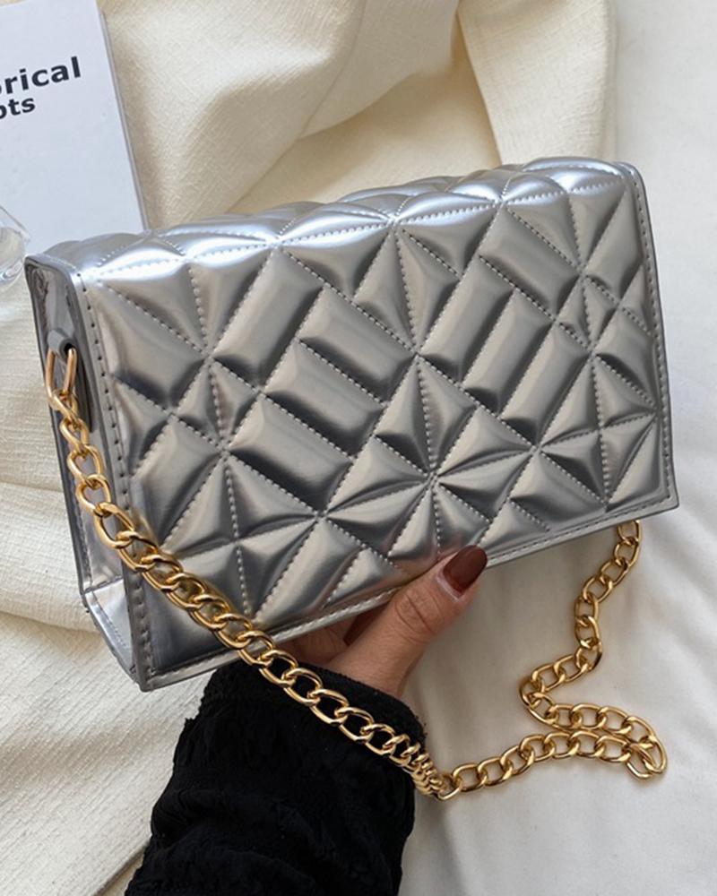 

Metallic Quilted Chain Strap Flap Shoulder Bag, Silver