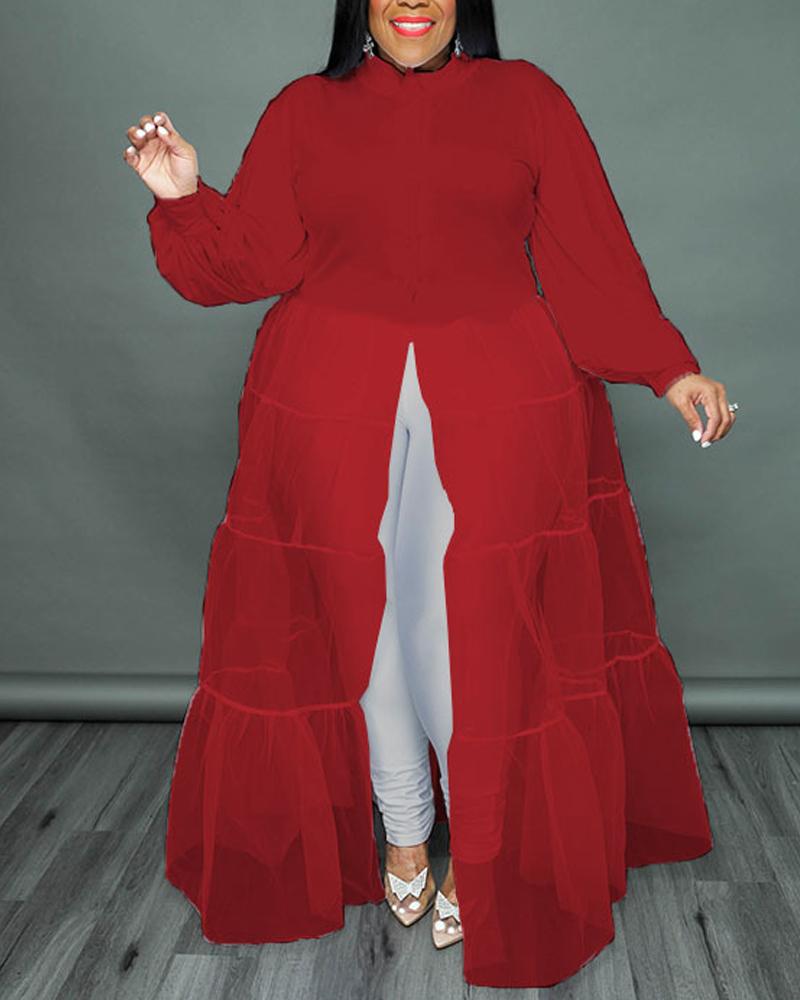 

Plus Size Button Front Contrast Mesh Shirt Dress, Wine red