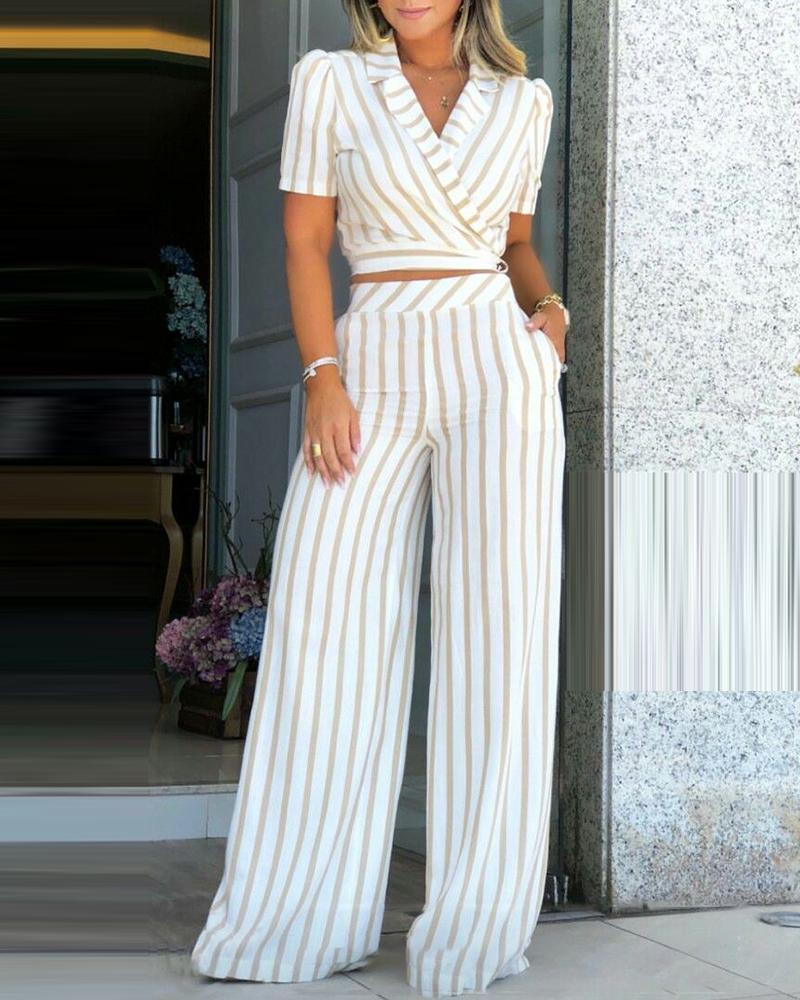

Striped Crop Top & Wide Leg High Waist Pants Set, Brown