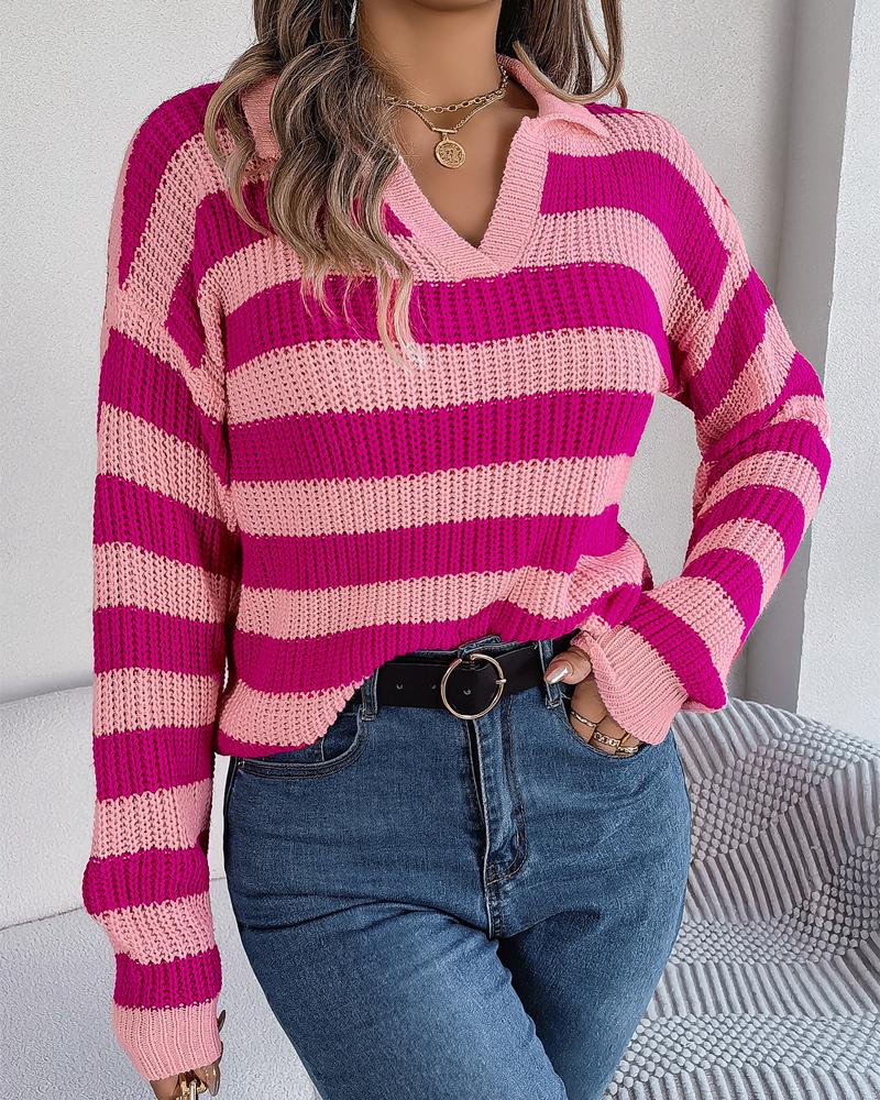 

Striped Lantern Sleeve Knit Sweater, Pink