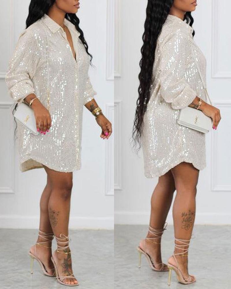 

Long Sleeve Allover Sequin Shirt Dress, Apricot