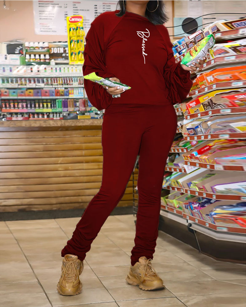 

Letter Print Ruched Long Sleeve Top & Pants Set, Wine red