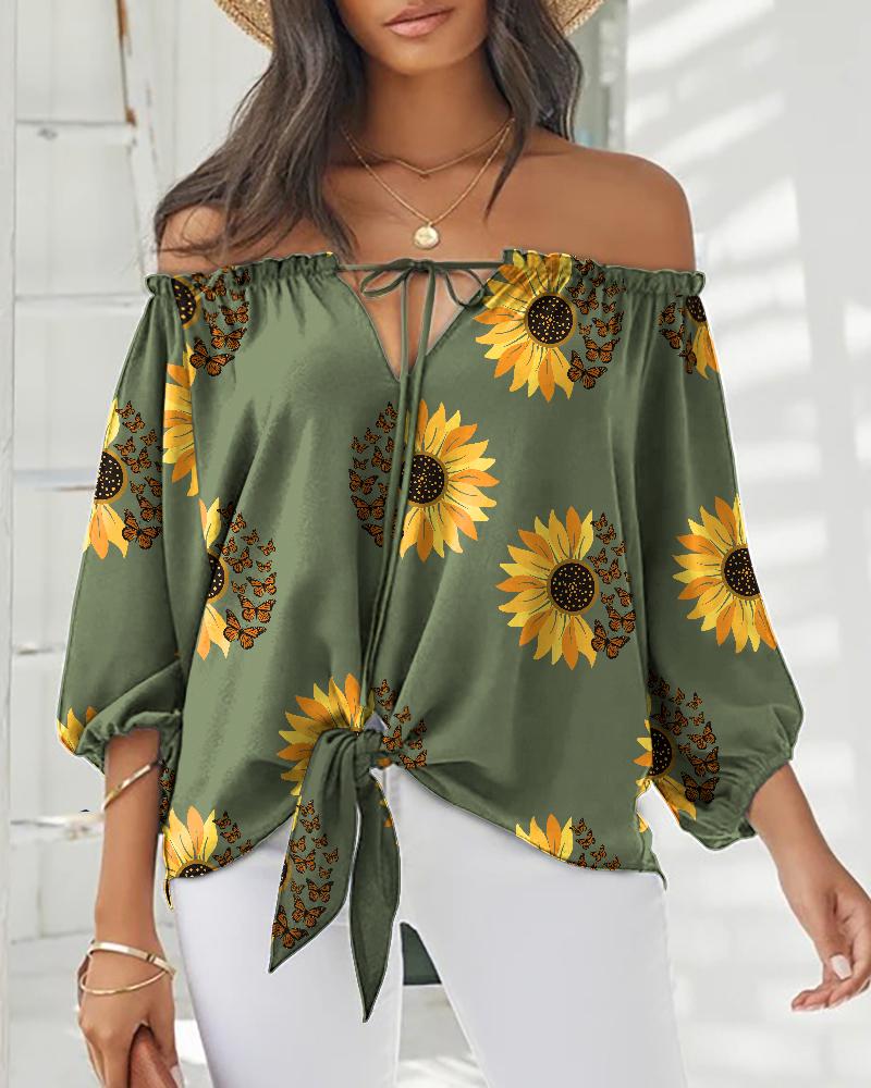 

Sunflower Butterfly Print Tied Detail Off Shoulder Top, Green