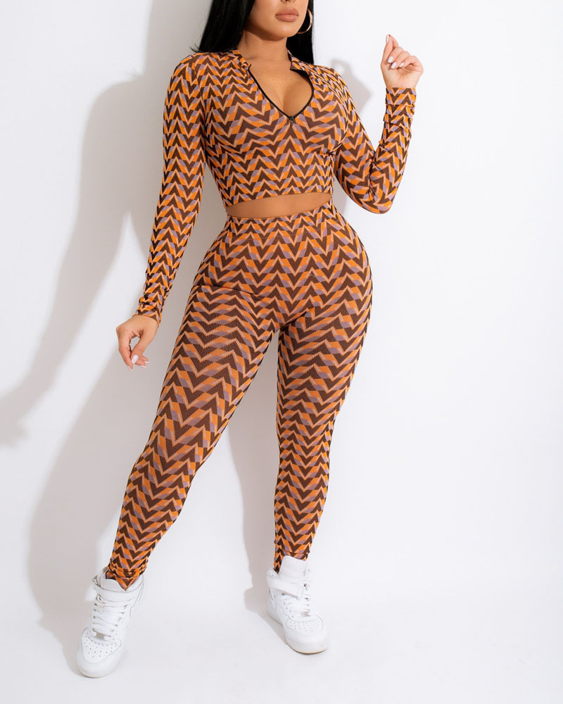 

Geo Print Zip Front Crop Top & Skinny Pants Set, Khaki
