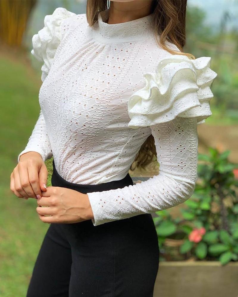 

Layered Ruffles Eyelet Embroidery Top, White
