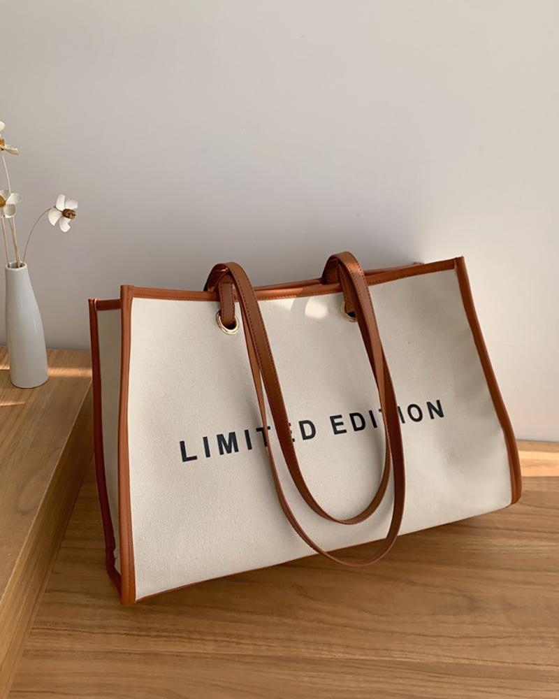 

Letter Print Contrast Binding Canvas Tote Bag, Brown