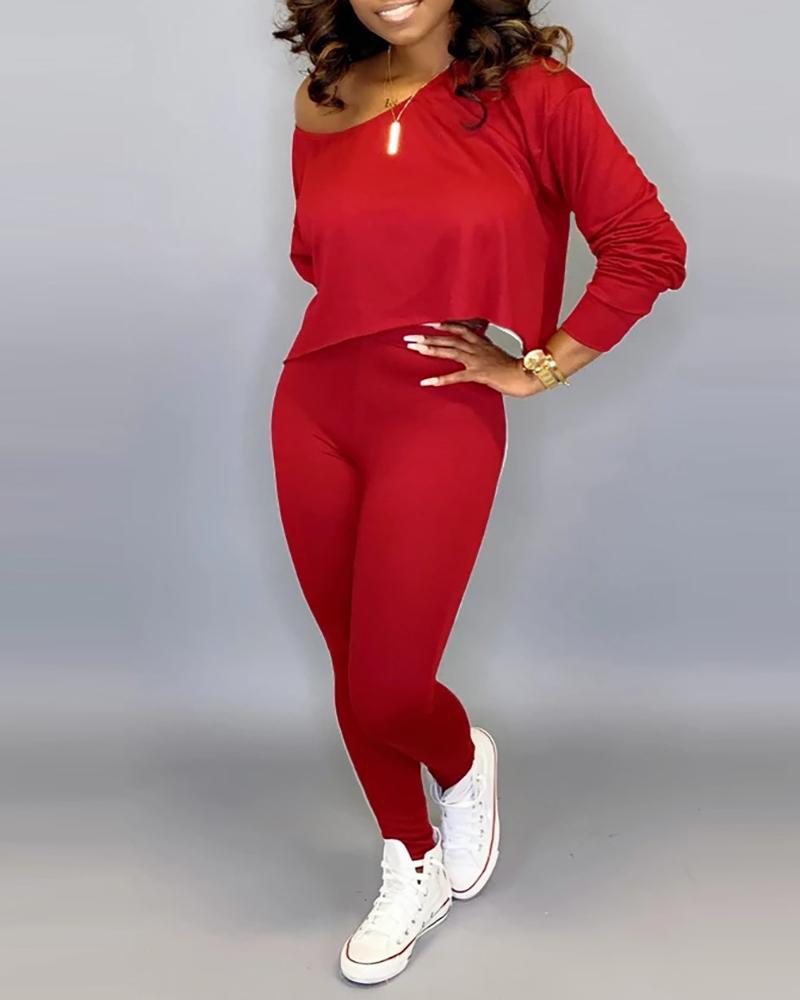 

Solid Long Sleeve Top & High Waist Pants Set, Red