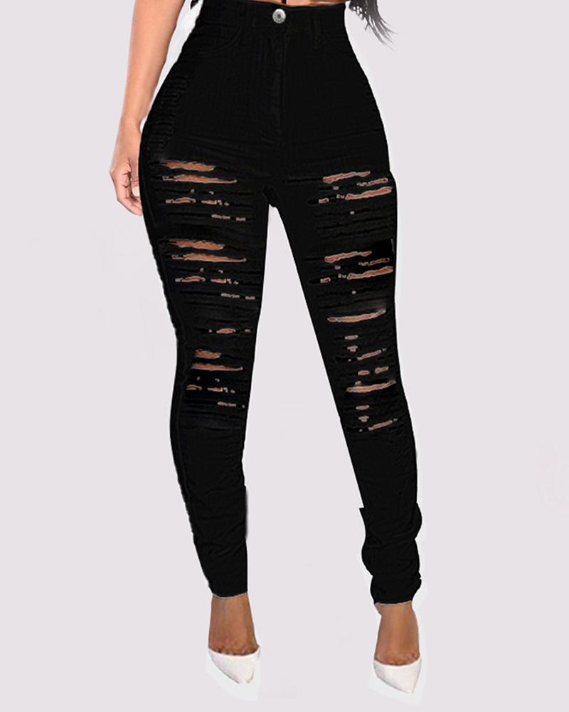 

Fringe Hem Ladder Cutout Denim Pants, Black