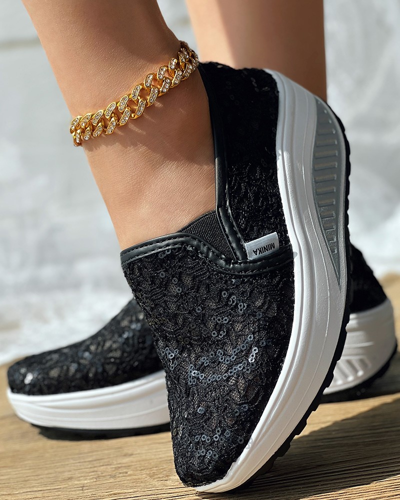 Contrast Sequin Lace Slipon Sneakers
