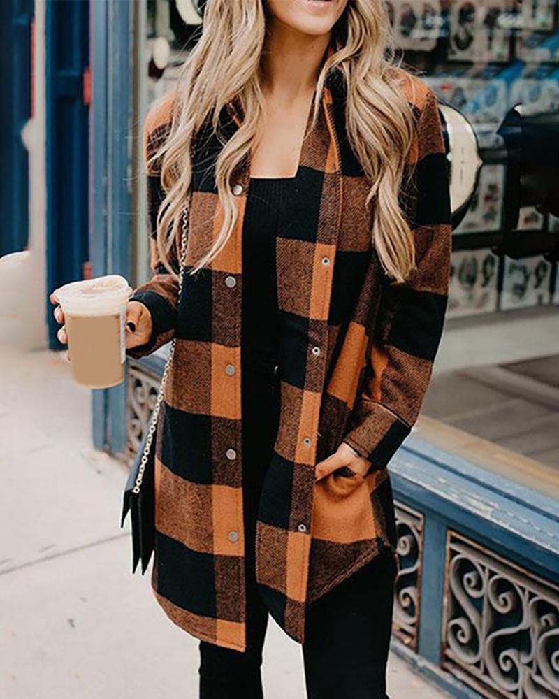 

Plaid Print Button Design Colorblock Shirt, Orange
