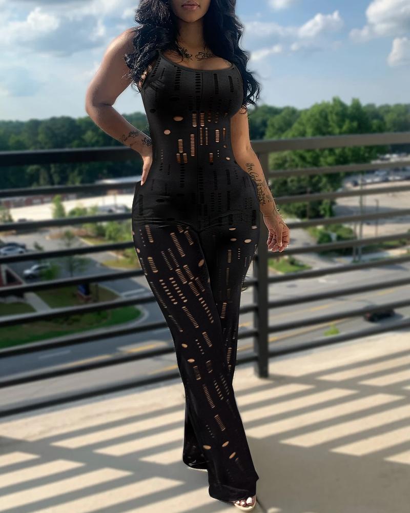 

Hollow Out Spaghetti Strap Jumpsuit With Tube Top & Shorts Set, Black