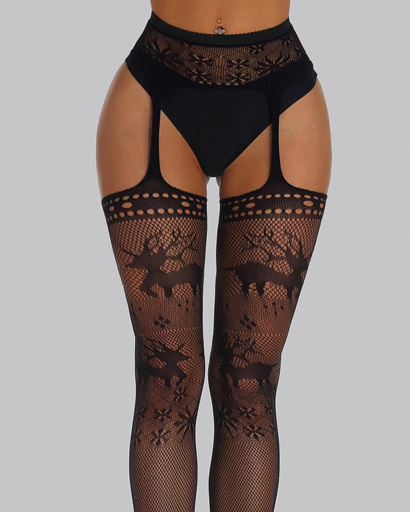 

Christmas Snowflake Elk Pattern Fishnet Garter Stockings, Black