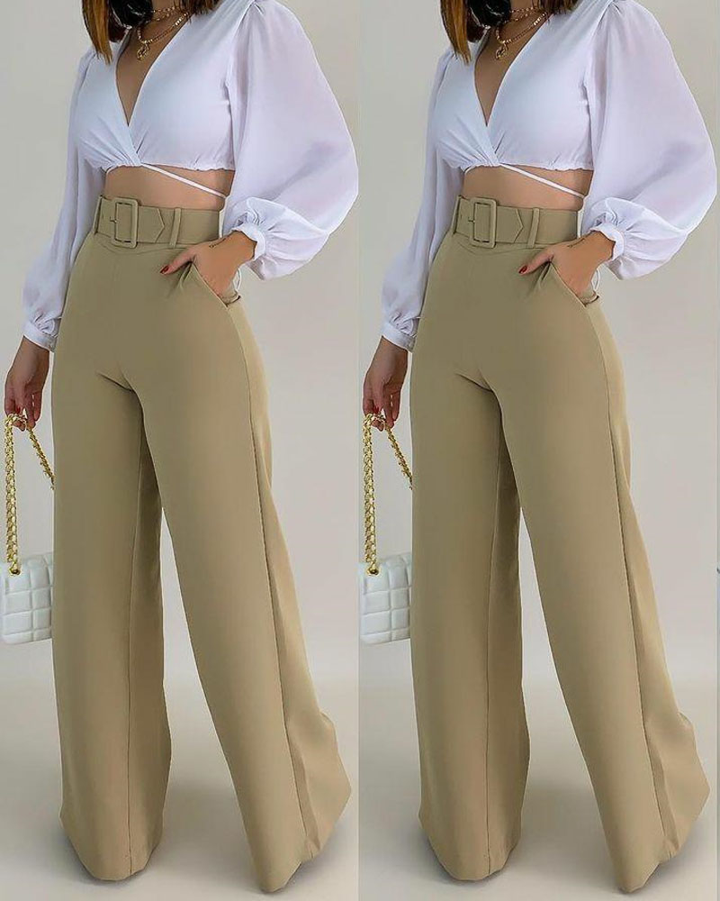 

Lantern Sleeve Crop Top & Wide Leg Pants Set, Green
