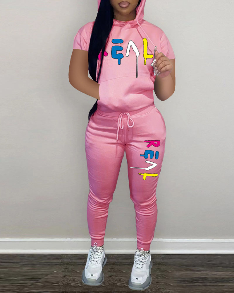

Letter Print Hooded Top & Drawstring Pants Set, Pink