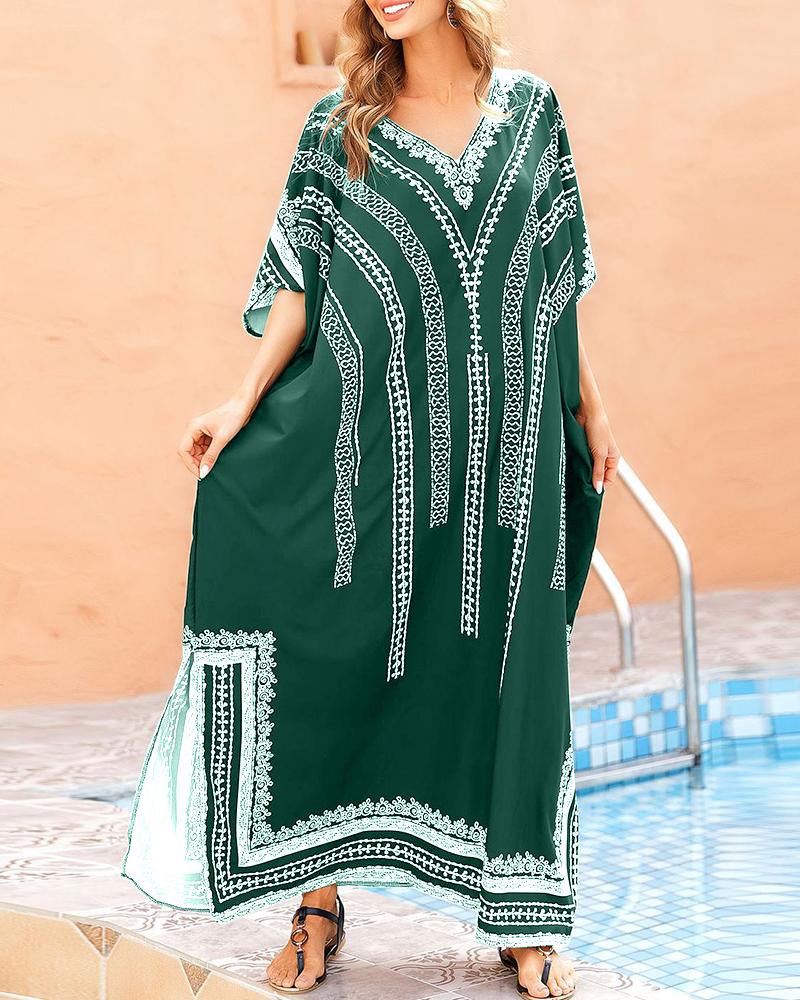 

Tribal Print Slit Beach Cover Up Dress, Green