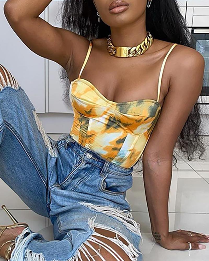 

Spaghetti Strap Strappy Tie Dye Print Crop Top, Yellow