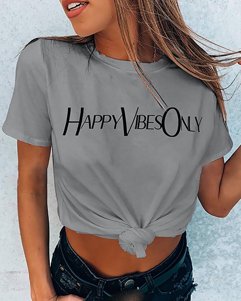 

Letter Print Short Sleeve Casual T-shirt, Gray
